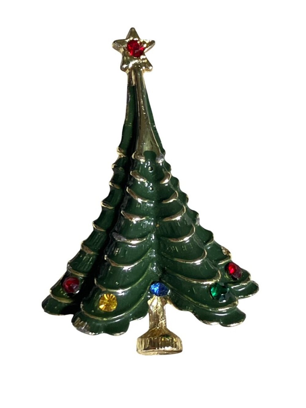 Christmas Tree Pin Brooch With Rhinestones and Star Gold Tone Holiday Jewelry